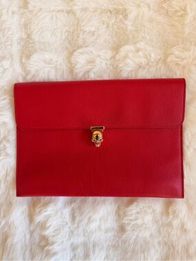 Alexander McQueen Red Pebbled Leather Skull Envelope Clutch Gold Crystal Pouch